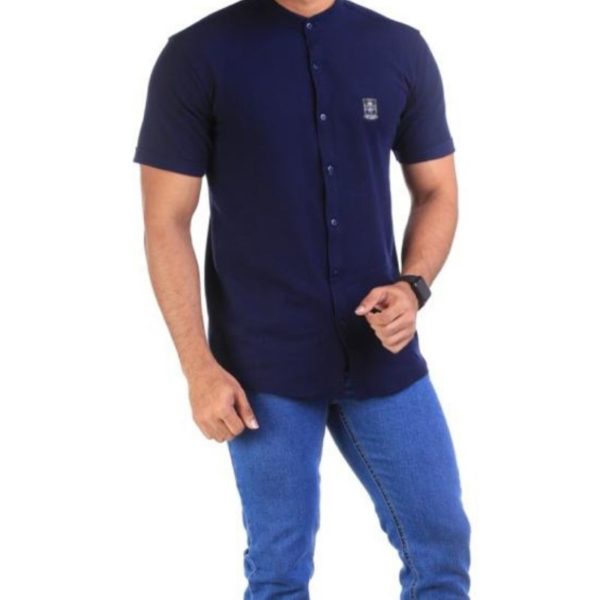 Man wearing Hybrid Blue T-Shirt Chinese Collar