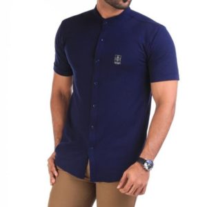 Man wearing Hybrid Blue T-Shirt Chinese Collar